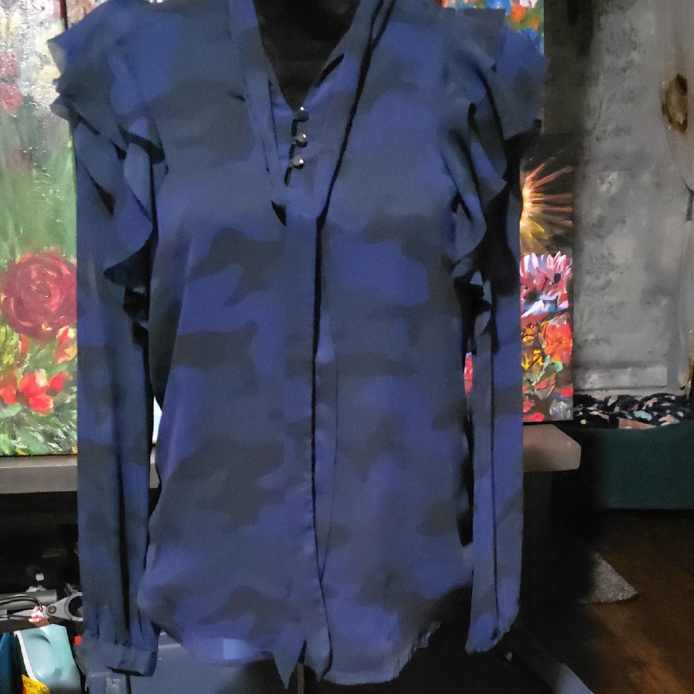 Banana Republic Blue Patterned Ruffle Blouse